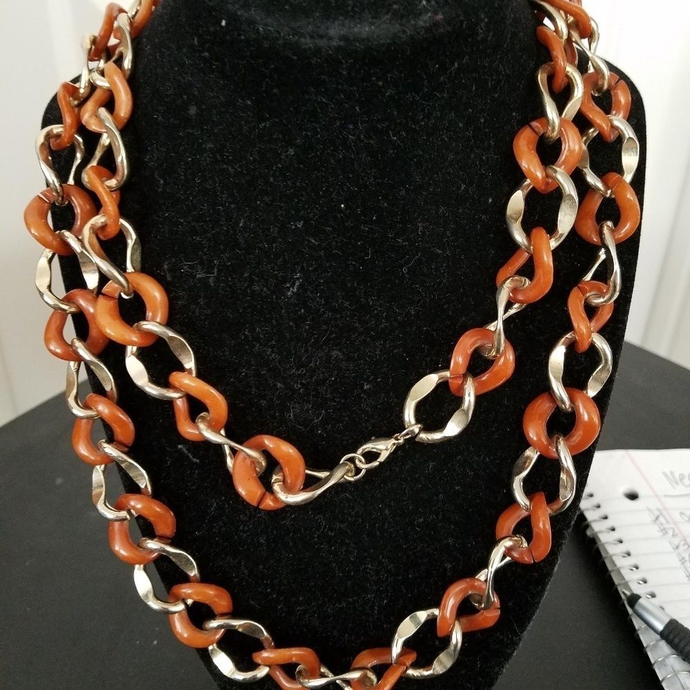 Chunky Gold Tone Link Necklace Coral Red Statement Jewelry Chain